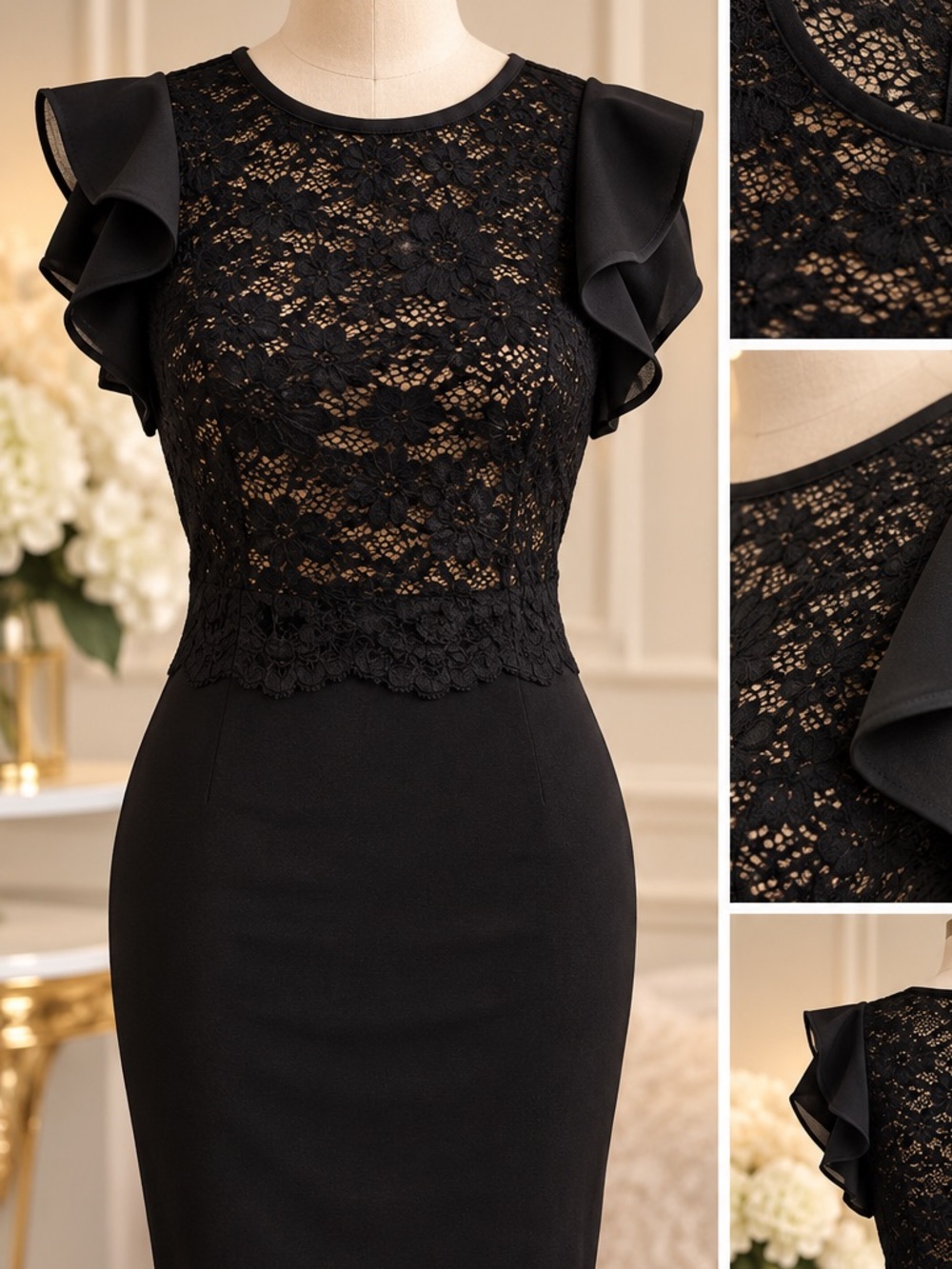 Black Lace Bodycon Knee-Length Dress Size S